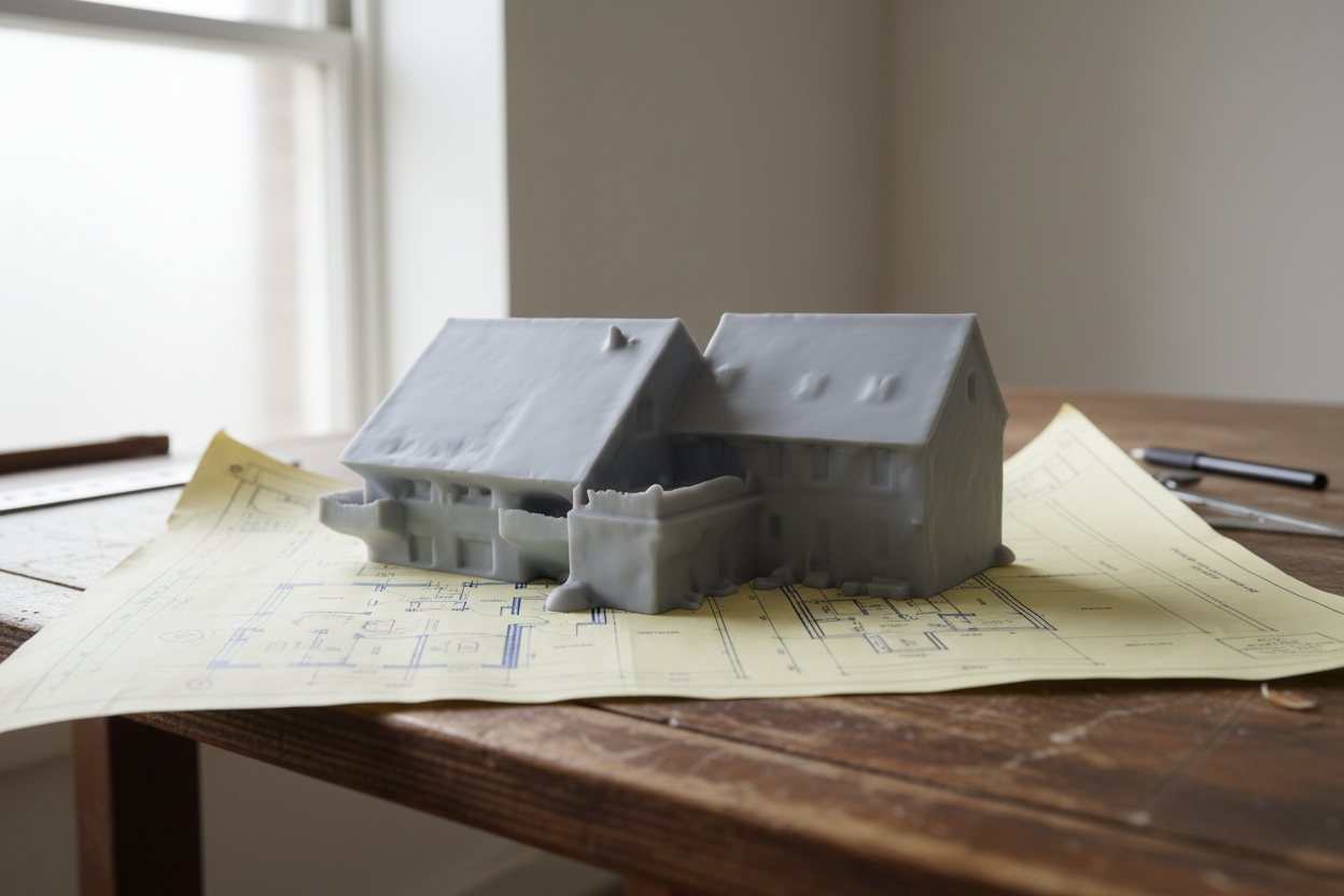 3D-Modell einer Immobilie auf technischen Zeichnungen
